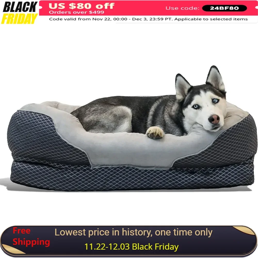 40x30 Inch Dog Bed with Solid Orthopedic Foam, Soft Cotton Bolster, Ultra Soft Plush Sleeping Space, Orthopedic Diamond Dog Bed