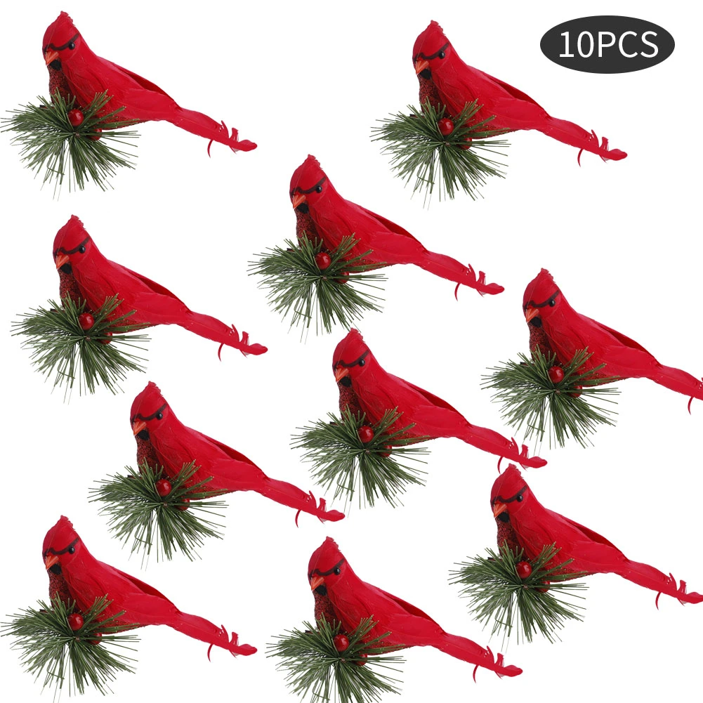 10Pcs Lifelike Cute Cardinal Clip On Christmas Tree Decoration Festival Decor Red Feathers Artificial Birds Household