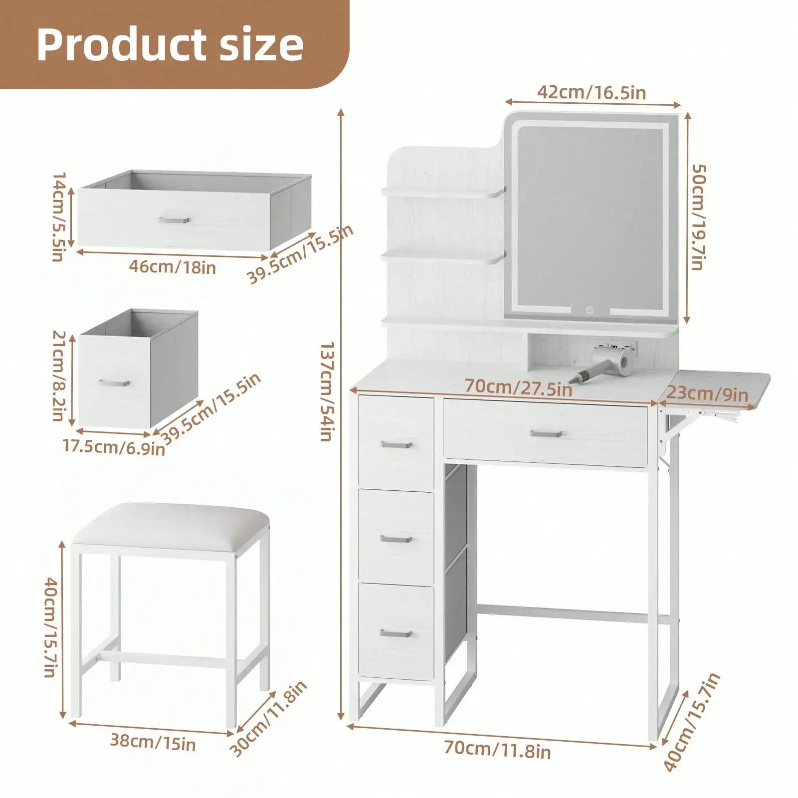 2 Sizes Vanity Desk Set With Mirror LED Lights (Powered By USB) And Power Outlet, Vanity Desk With Soft Dressing Stool And Drawers, Open Organizer, Dressing Table Bedroom, Home Decor, Bedroom Furniture, For Back To School Season