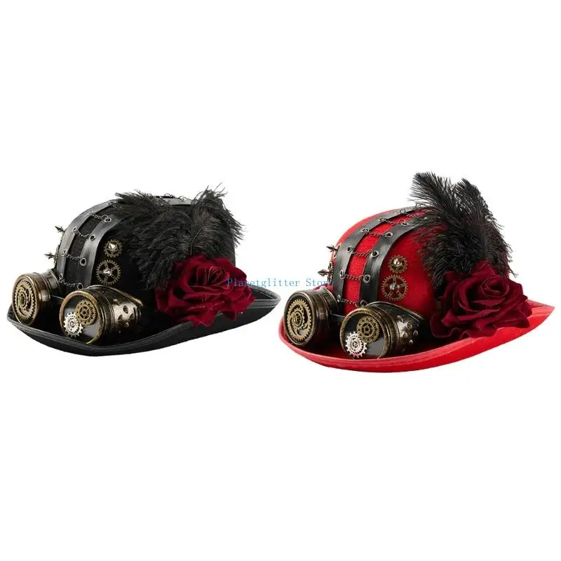 

652B Victorian Steampunk Top Hat With Dark Rose Goggles And Decorative Gear Chain For Costume Parties Halloween Event