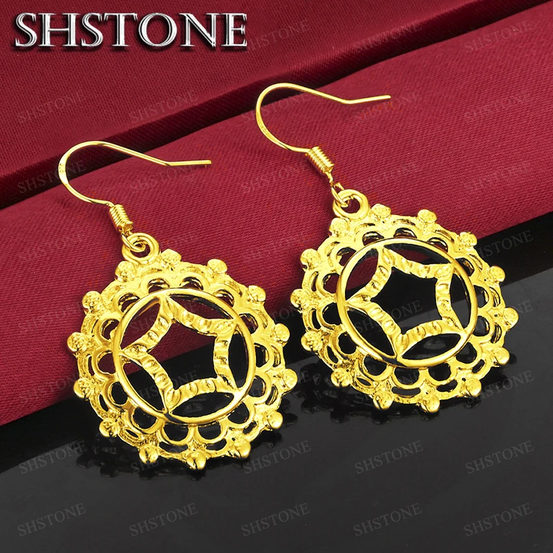 18K Gold Hollow Geometric Pattern Drop Earrings For Women Party Engagement Wedding Valentines Gift Fashion Jewelry