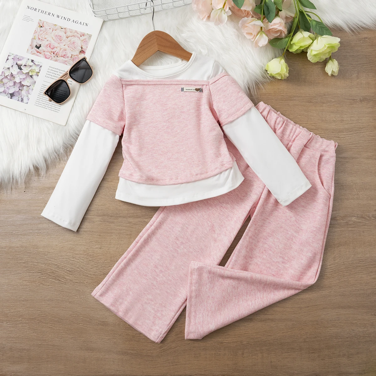 Girls Knit Clothing Set Fake Two Piece Long Sleeve T-Shirt Top + Pants 2Pcs Kids Casual Sport Suit Toddler Baby Girl Outfit Set
