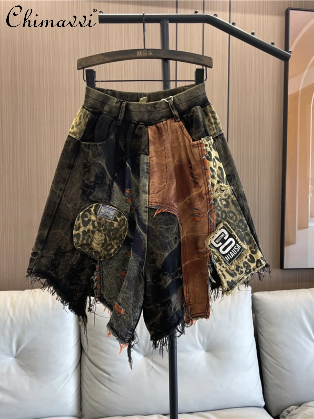 

Fashionable Leopard Print Patchwork Jeans for Women 2023 Summer New Street Elastic Waist Loose Stitching Straight Shorts Female