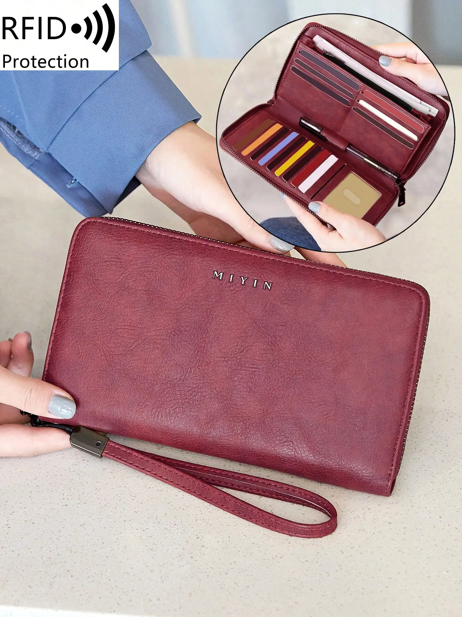 

MIYIN Fashion Vintage Style Zipper Wallet RFID Blocking Long Wallet For Men And Woman Multifunction Large Capacity Clutch Letter