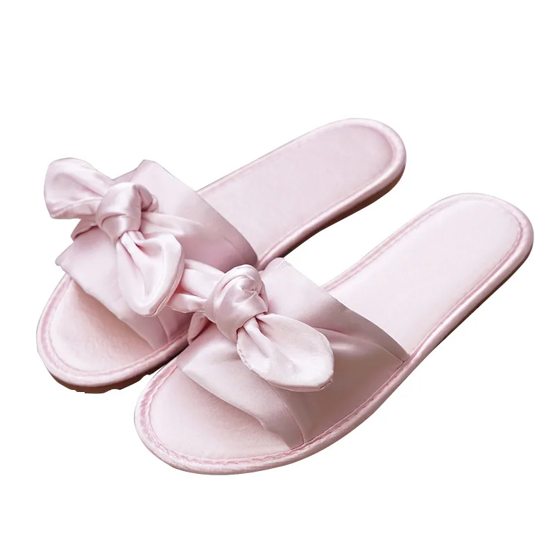 New wedding slippers non-slip simulation silk plaid indoor household slippers bow bridesmaid slippers ladies soft shoes