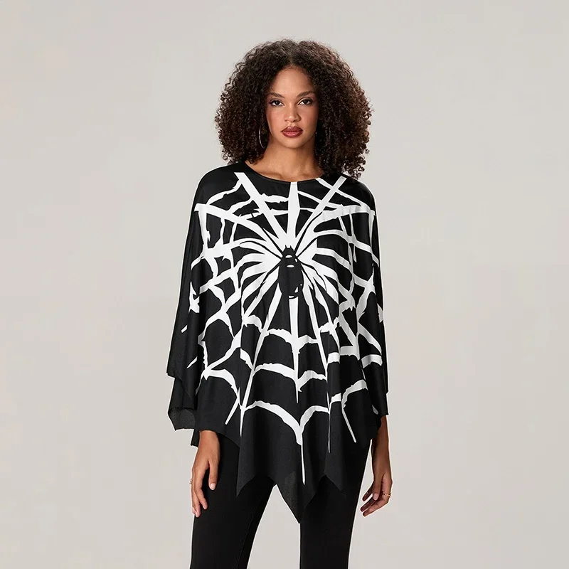 Adult Spider Web Print Cape Funny Halloween Costumes Party Cosplay Poncho Tops Clothes