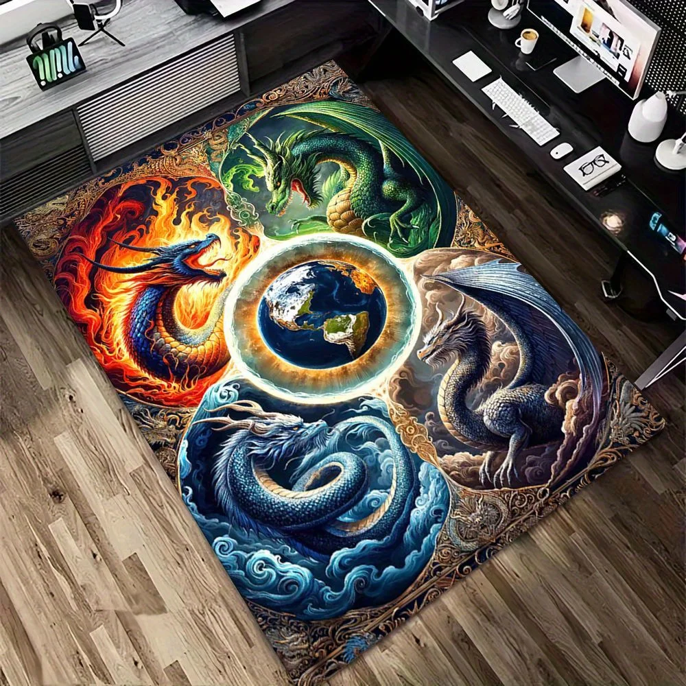 1pc Fantasy Four‑Elements Dragon Mythology Print Area Rug, Non‑Slip Washable Durable Floor Mat for Entryway, Office, Living Room