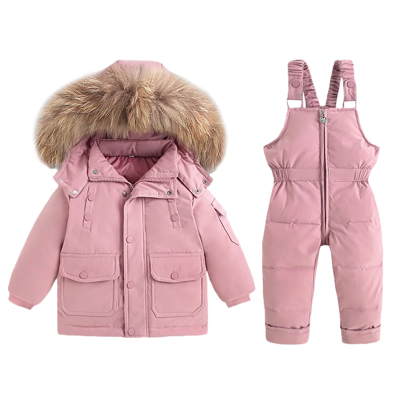 2Pcs Set Children Winter Down Jacket and Jumpsuit Thicken Boy Girls Ski Suit Real Fur Collar Warm Kids Snowsuit Winter Warm Pant