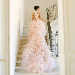 Charming Light Pink Bridal Shower Dress Long Train Tiered Tulle Wedding Photoshoot Dresses Flowers Halter Backless Bridal Dress