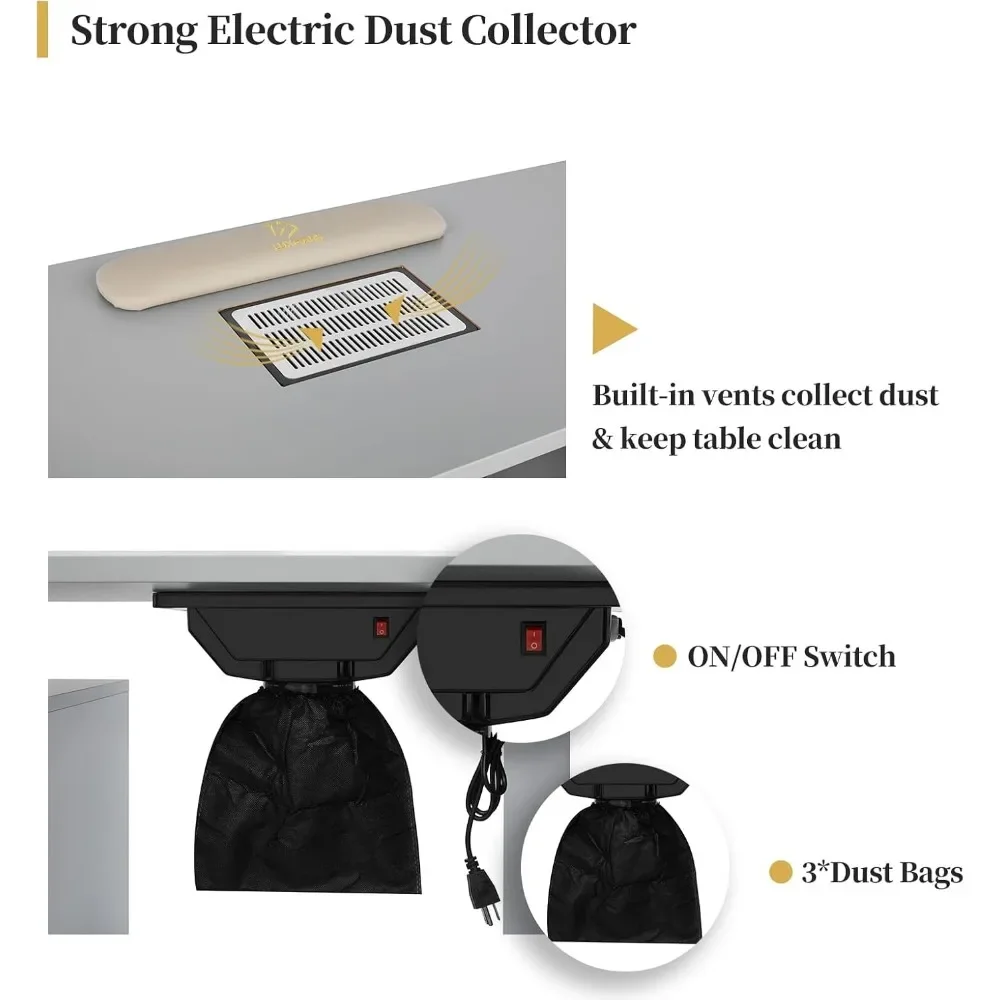 Manicure Table Nail Desk w/Electric Dust Collector & Wrist Rest Cushion, Station w/Lockable WheelsAcetone Resistant Nail Table