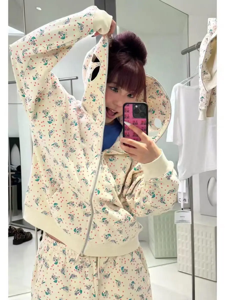 

Spring 2026 New Style Rabbit Letter Print Mask Hoodie Jacket Sweatpants Set Women's Casual Sportswear Long Sleeve Hooded Top