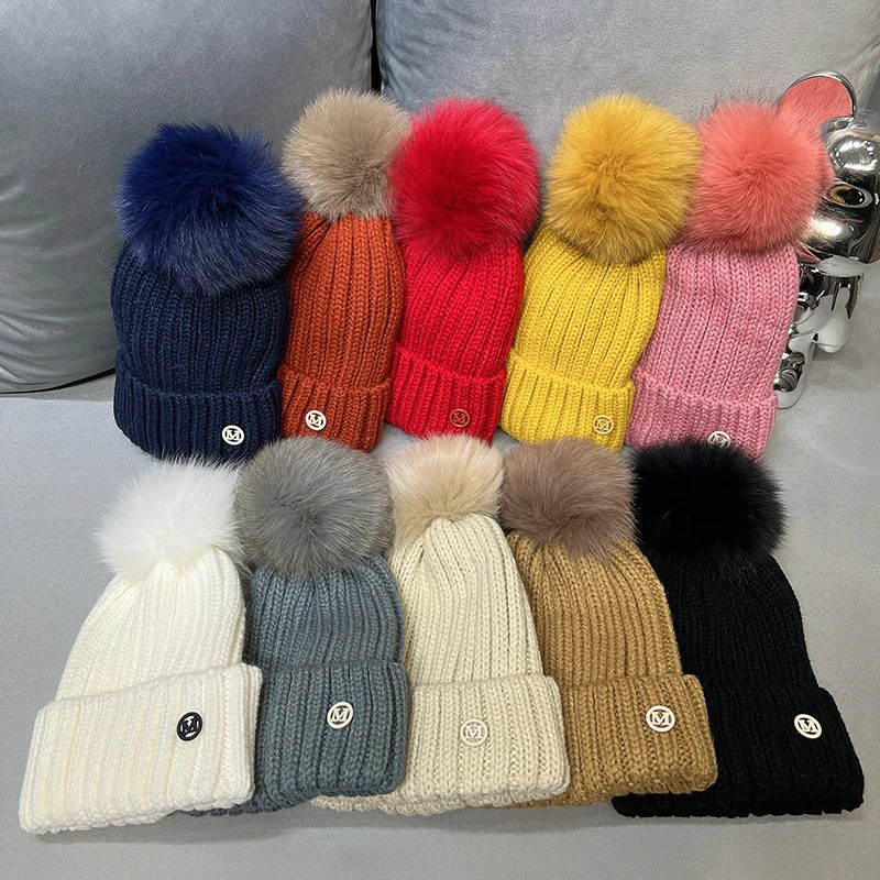 

Зимние вязаные шапки с помпоном из натурального лисьего меха для женщин, модные теплые помпоны, натуральные шапочки, женские толстые шапки