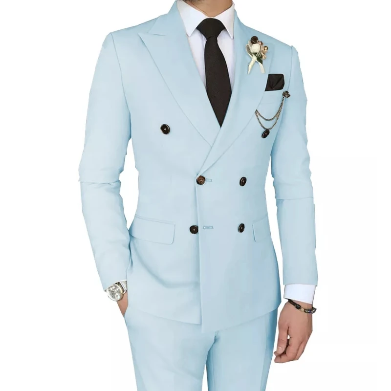 

Lansboter Sky Blue Men Suit 2 Pieces Solid Double Button Slim Casual Fit Business Banquet Wedding Groom Suit Jacket With Pants