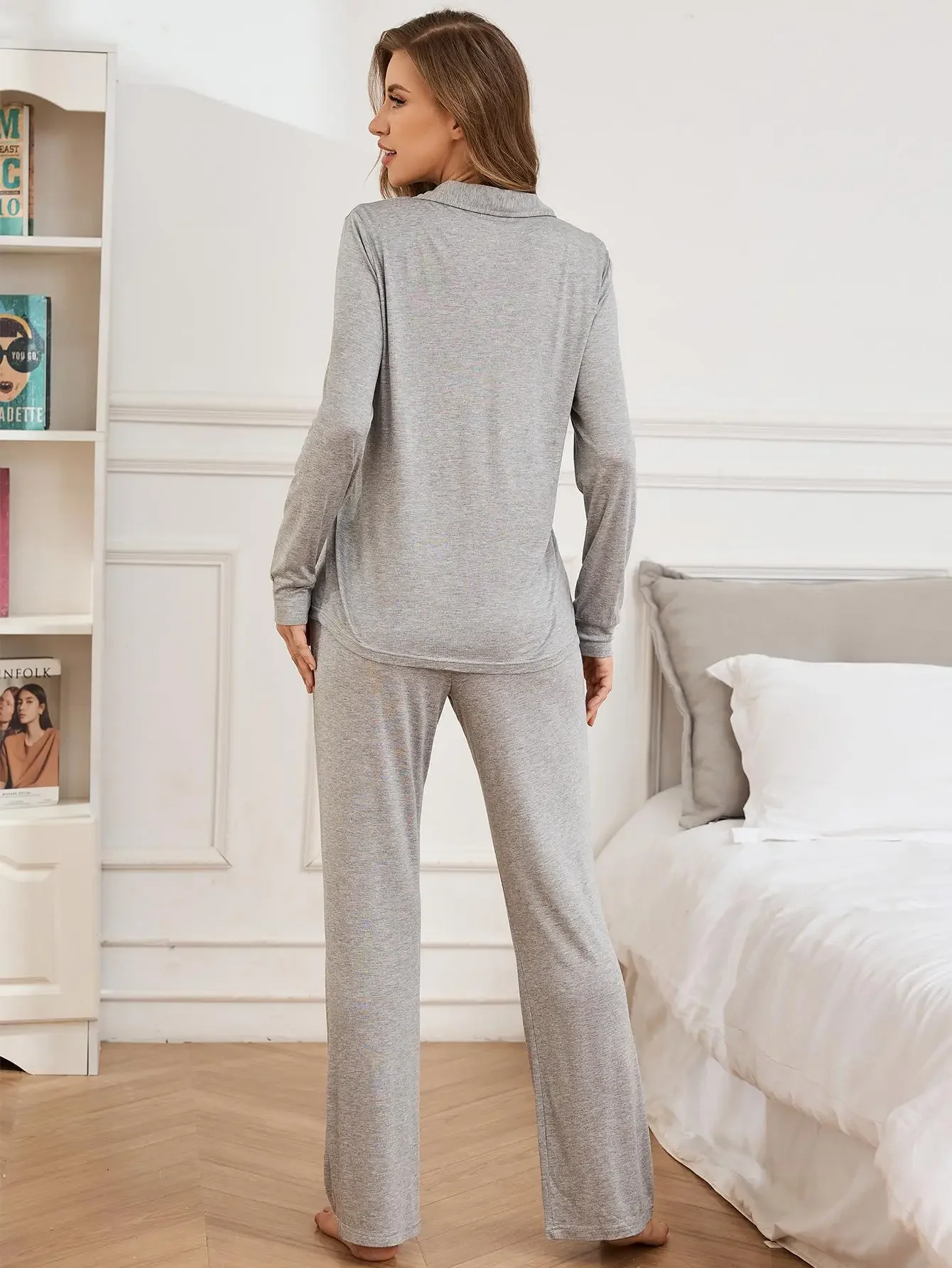 Solid Women Pajama Set Front Button Long Sleeves Top & Full-Length Pants Spring Fall Autumn Female Sleepwear 2 Piece Nightwear