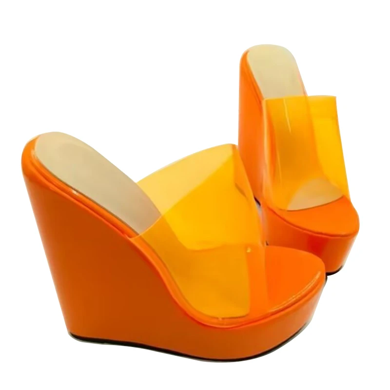 DIZHUANG  Fashionable women's high-heeled slippers. Orange PVC slippers. About 15cm heel height. Wedges platform slippers. 34-46