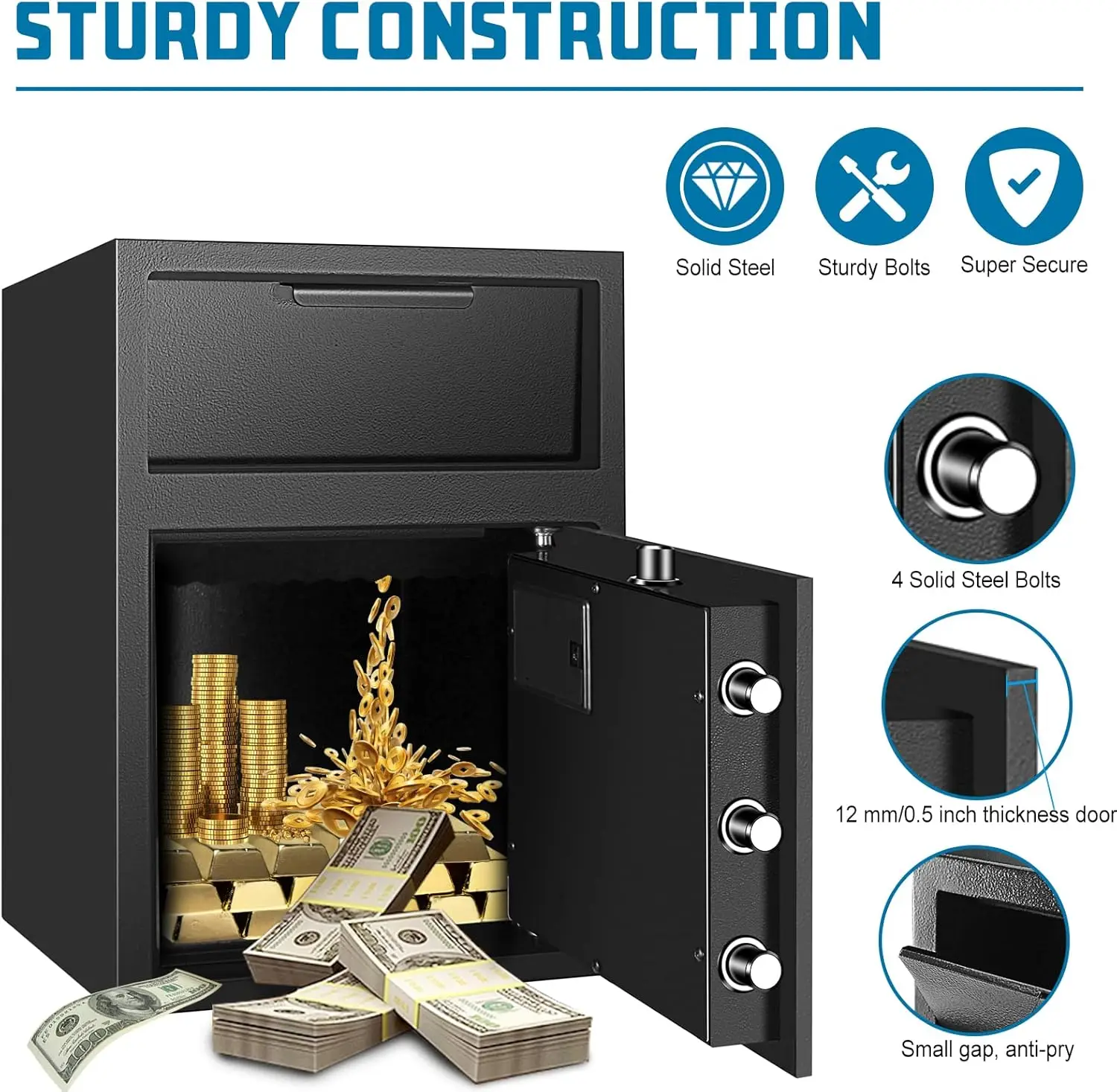 Depository Drop Safe, Deposit Cash Lock with Electronic Keypad Combination & Key Backup, with Metal Hardwheel, Digital Screen &