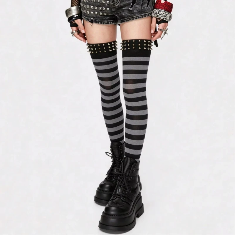 Y2K Harajuku Gothic Women Striped Over Knee Socks Punk Aesthetics Fashion Metal Rivet Decor Thigh High Streetwear Cosplay Socks