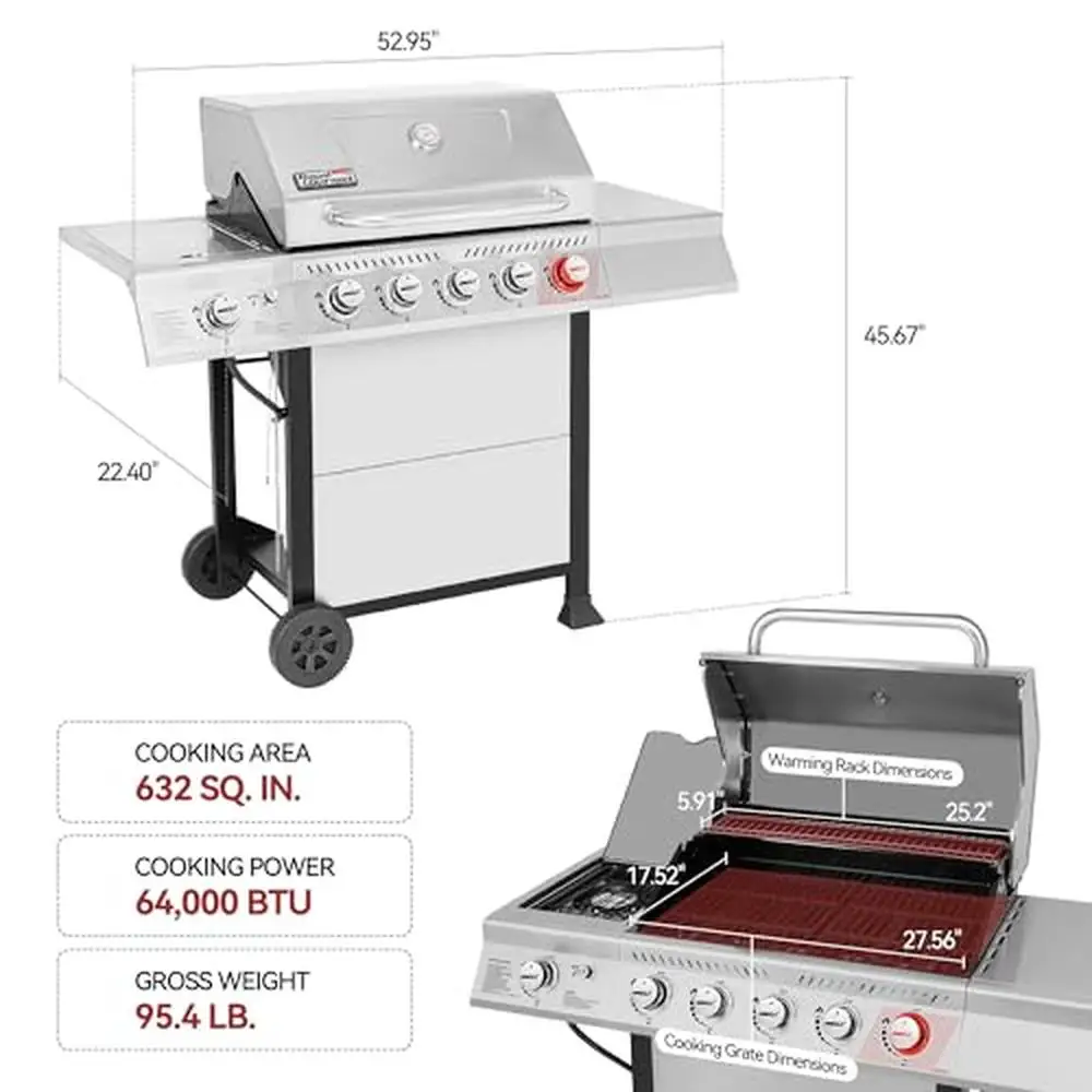 5-Burner Stainless Steel BBQ Grill 632 sq. in. Cooking Area Sear & Side Burners