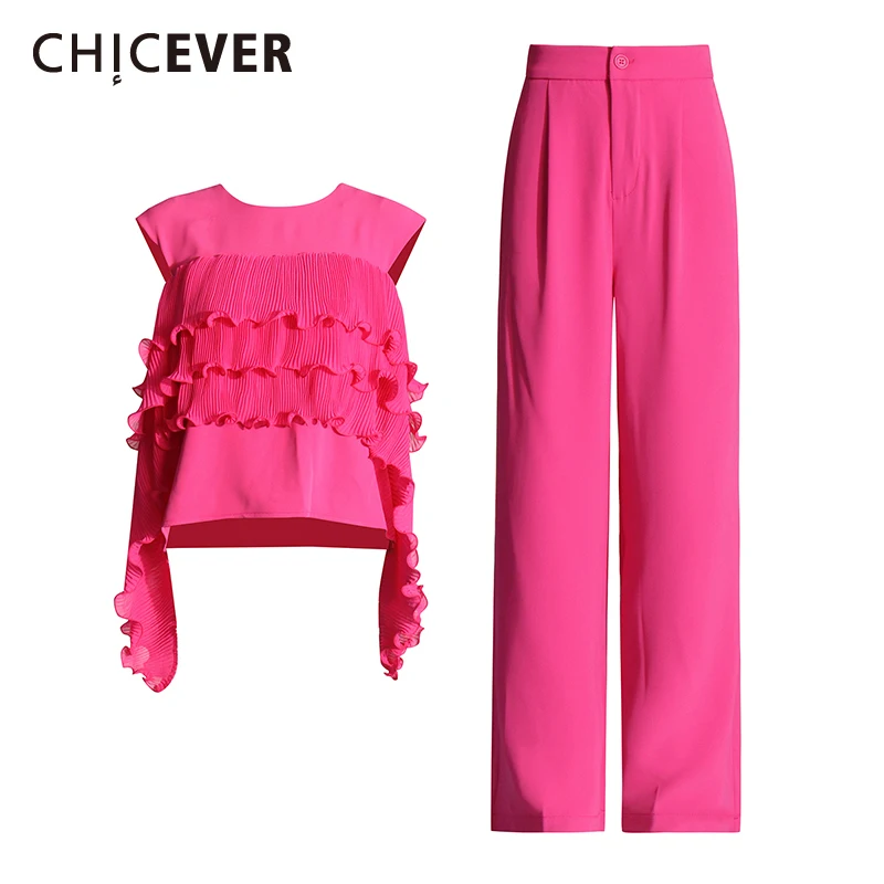 

CHICEVER Solid Two Piece Sets For Women Round Neck Sleeveless Splcied Ruffles Tops High Waist Loose Pant Casual Set Female 2024