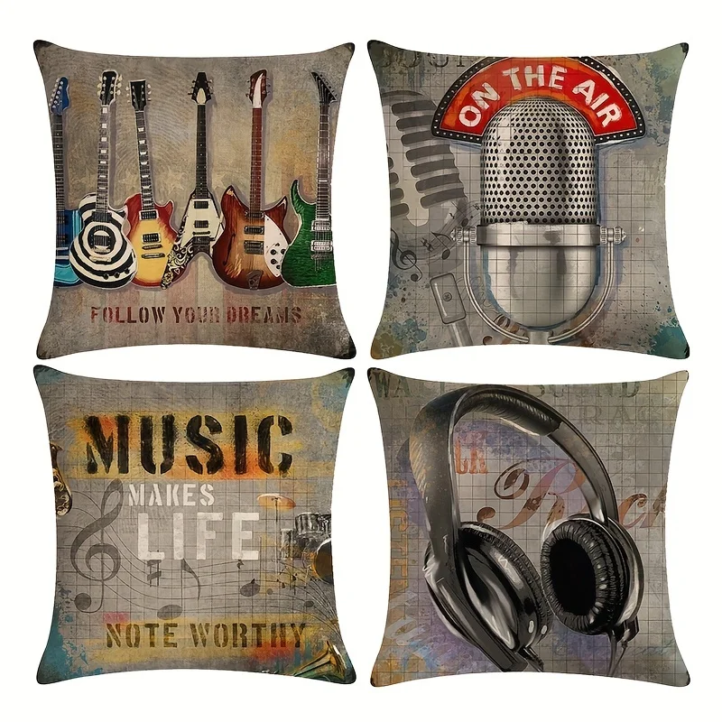 Guitar Microphone Headphone Pillow Covers For Sleeping Nap Bedroom Living Room Office Decor, No Pillow Insert, 45x45cm