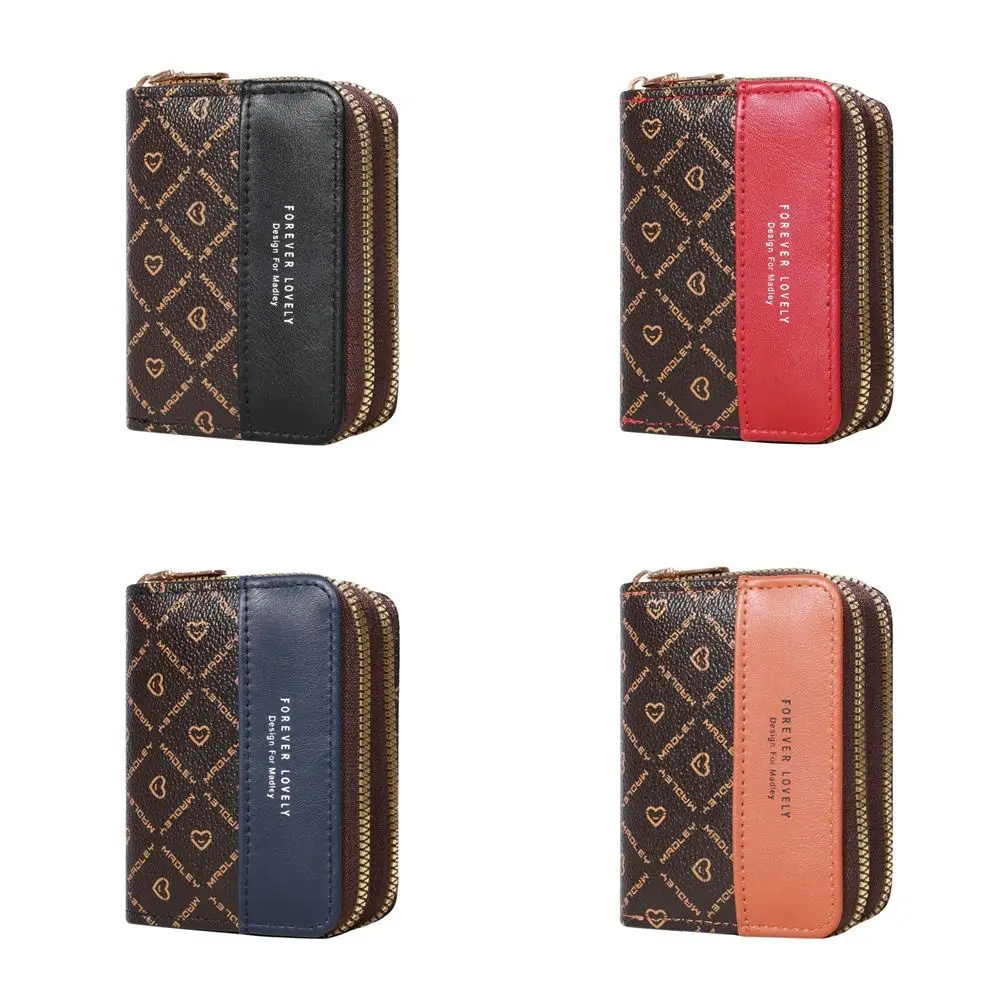 Modne portfele damskie w stylu koreańskim z blokami kolorów, krótkie portmonetki na karty z podwójnym zamkiem błyskawicznym, skórzane etui na monety i karty.