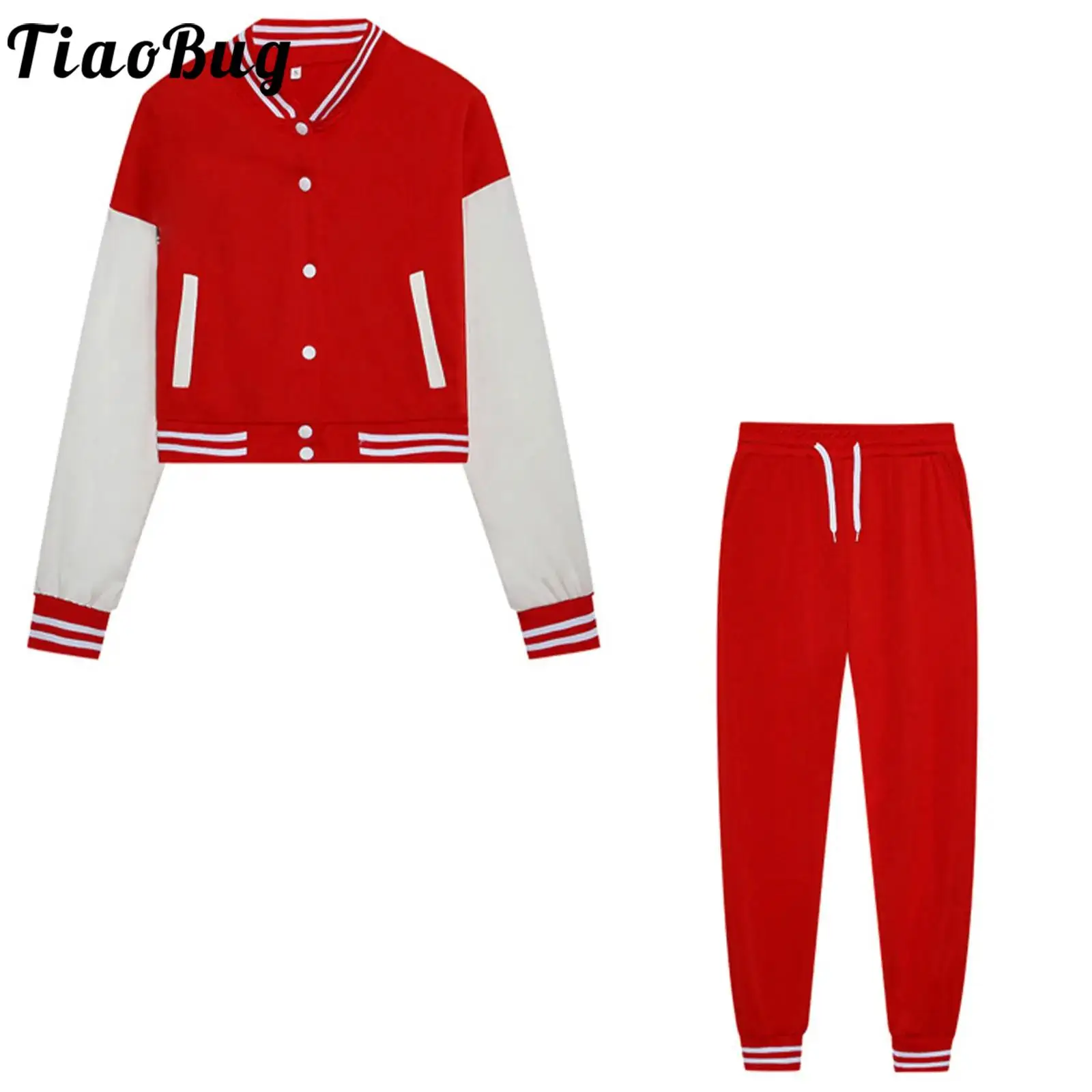 Woman Baseball Suit Color Patchwork Button with Pockets Coat And Elastic Waist Drawstring Harem Pants Set Classic Baseball Set