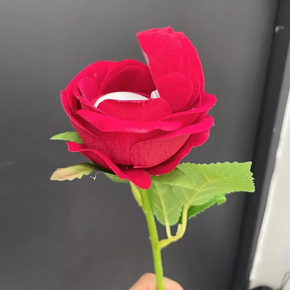 Estuche creativo para anillos de boda, caja de exhibición de joyas de terciopelo rojo realista, estuche para anillos de rosa de tallo largo, estuche para guardar joyas