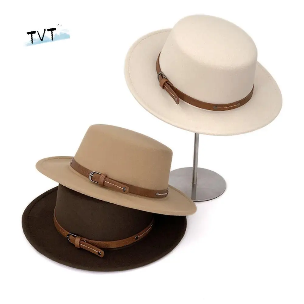 

Trendy Elegant Woolen Flat Top Hat British Style Belt Buckle Felt Hat Wide Brim Solid Color Women Jazz Hat Casual Wear