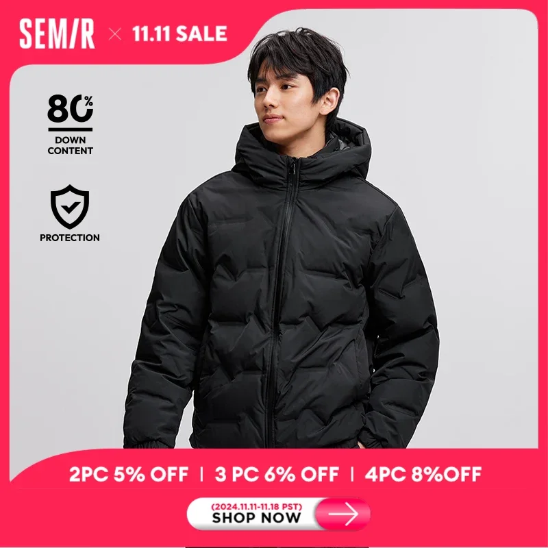 Semir Down Jacket Men 2024 New Waterproof Hooded Outerwear Winter Clothing Solid Color Versatile Direct-Injection Down Thickened