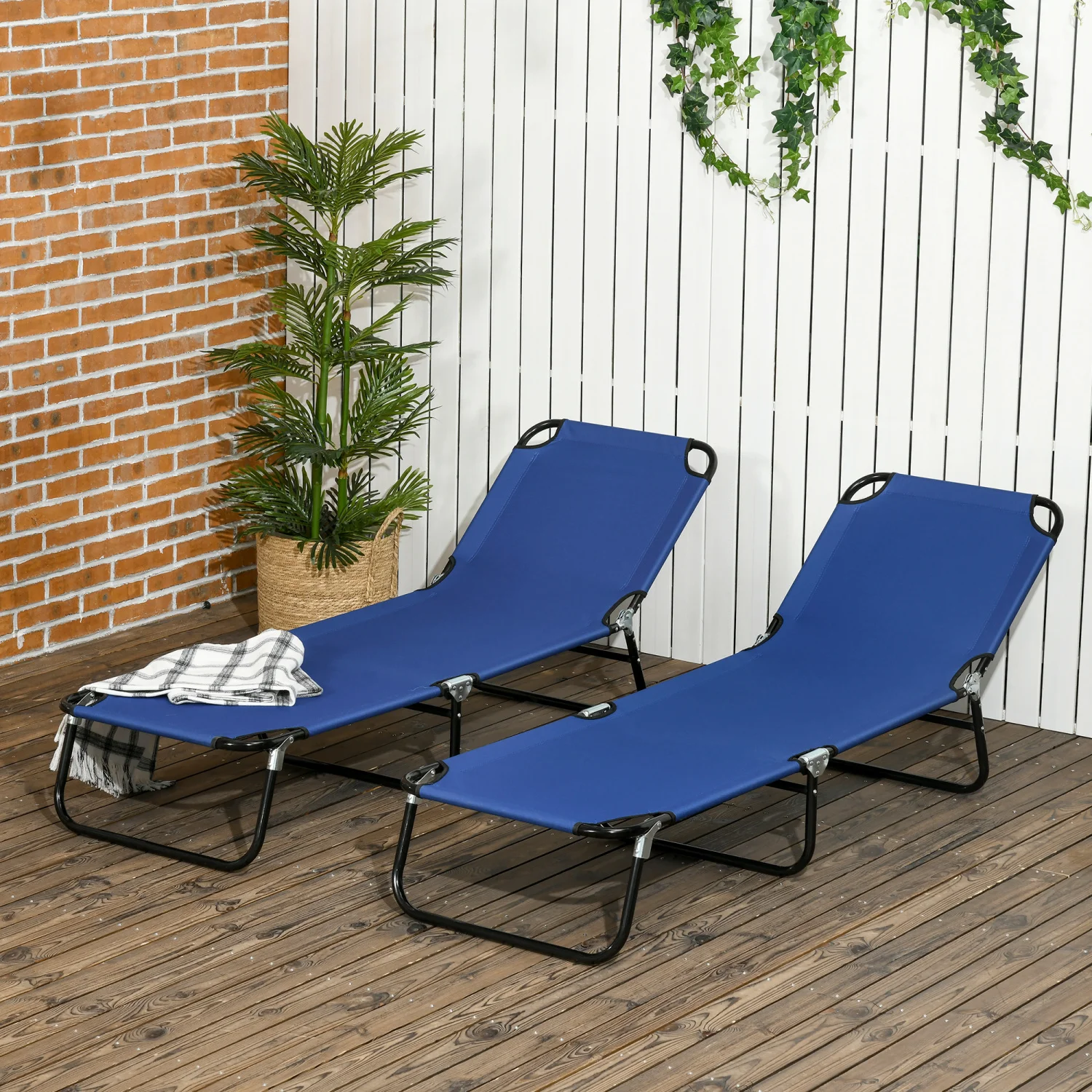 Outsunny 2 Piece Folding Chaise Lounge Pool Chairs, Outdoor Sun Tanning Chairs with 5-Level Reclining Back, Steel Frame for Beac