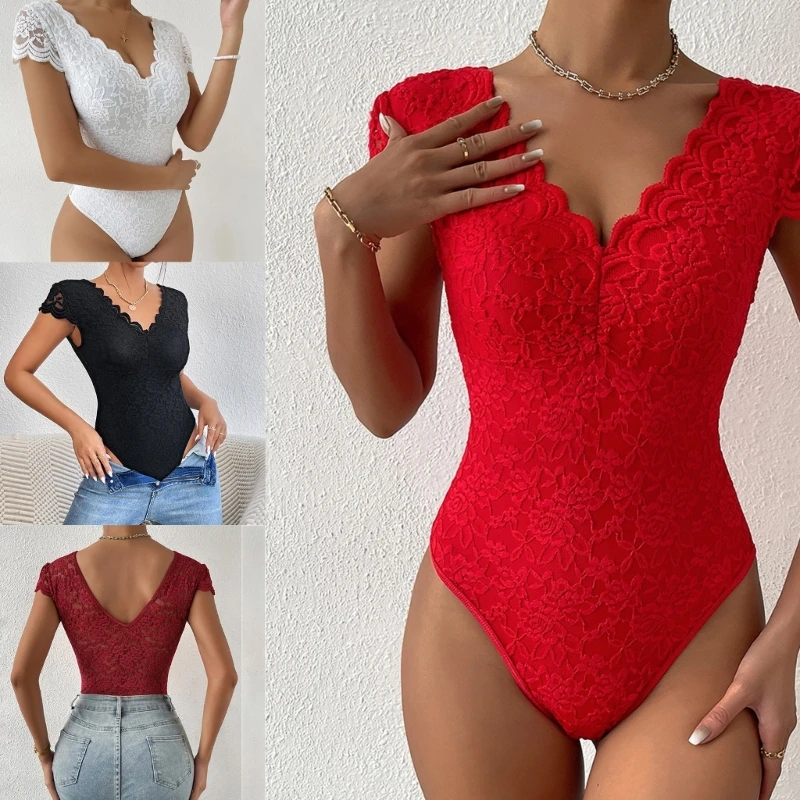 Women Floral Lace Bodysuits Sexy V-neck Bodysuit Tops Female Short Sleeves Bodysuit Sexy See-Through Bodysuit for Dance