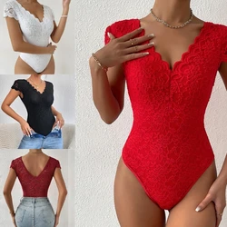 Body de encaje Floral para mujer, Top Sexy con cuello en V, Body de manga corta para mujer, body transparente para baile