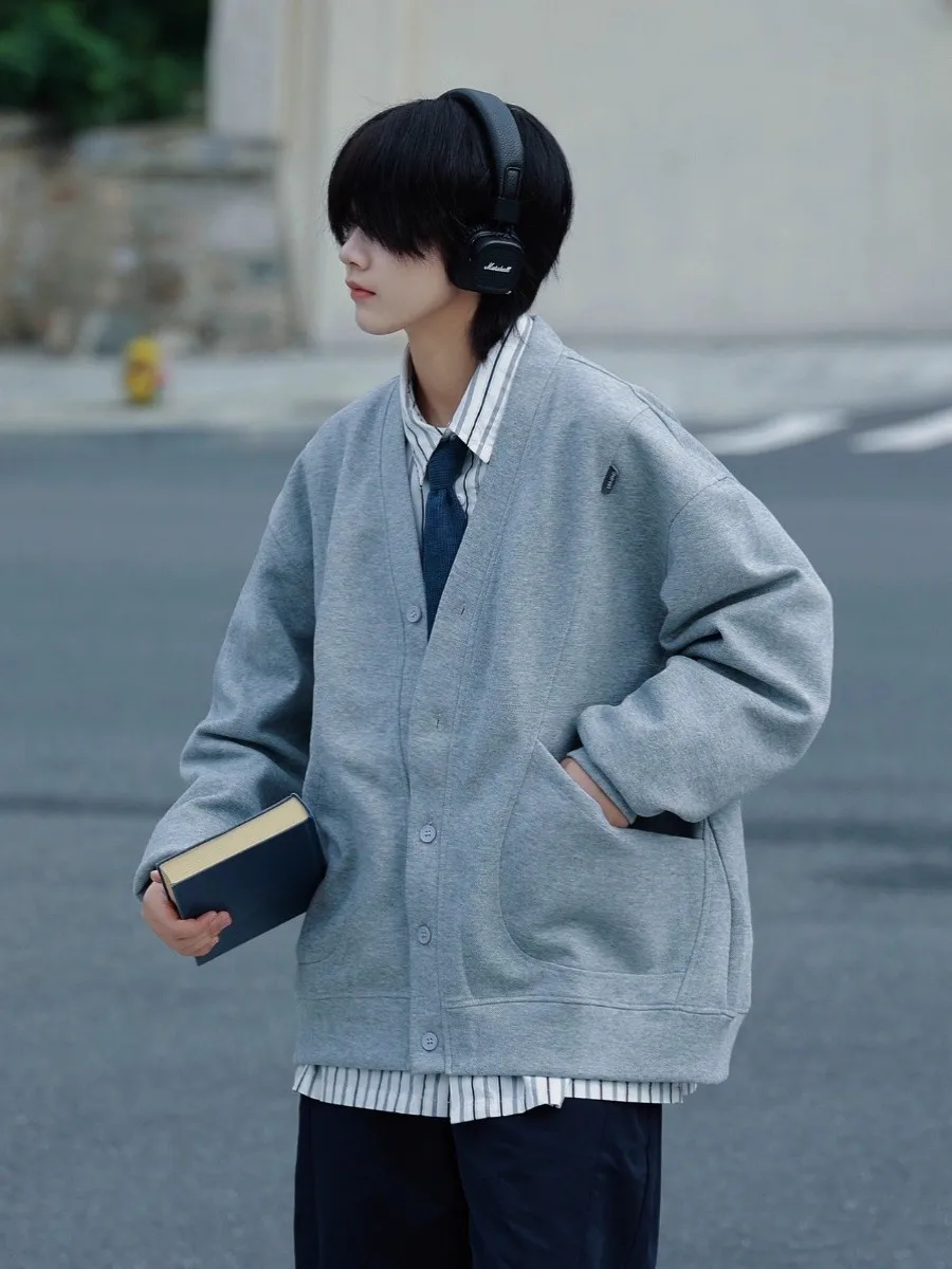 

Retro Japanese Sle V-Ne Open Cardigan Sweatirt Loose Casual Couples Pure Color Lazy Sle Knitted Outerwear for Men And...