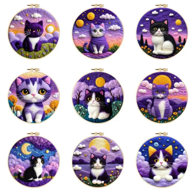 CHENISTORY Purple Cat Design DIY Needle Felting Painting Kit with Frame Wool Needle Felt Set for Home Decoration Creative Craft