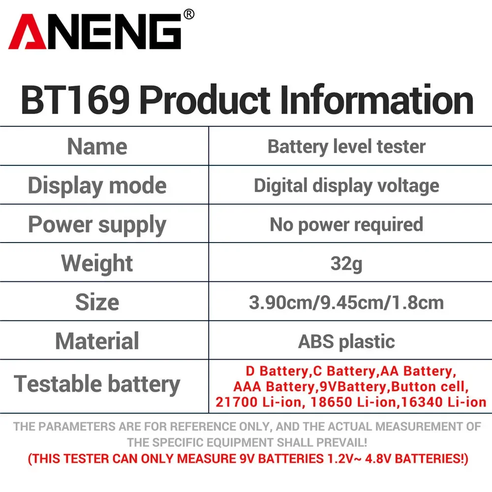 ANENG BT169 Battery Tester Digital Display Screen MultipleMeasurements No power required Portable ABS Plastic Tester Tools