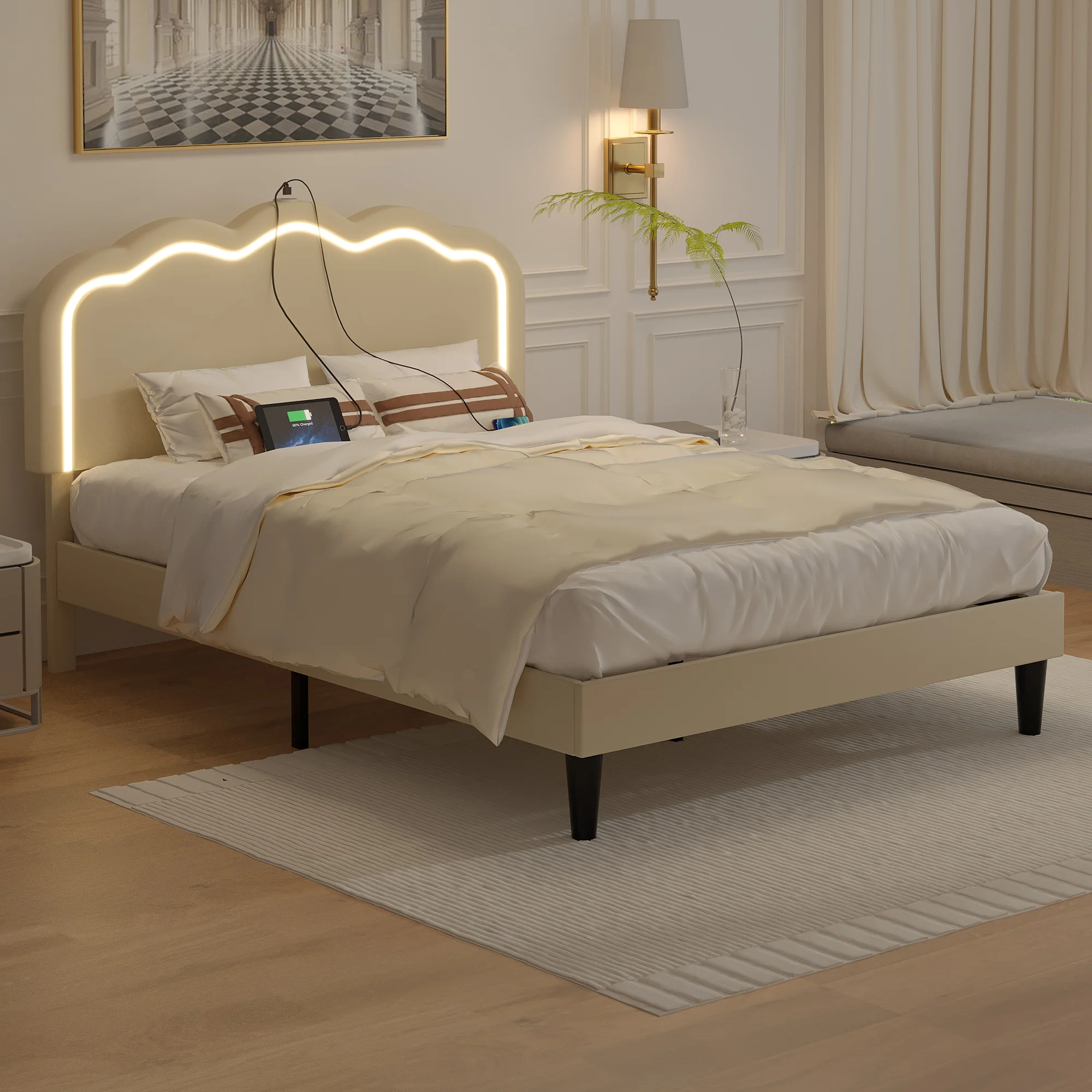 

Рамка для кровати с мягкой платформой VECELO с изголовьем и освещением, обитоя платформа с регулируемым изголовьем