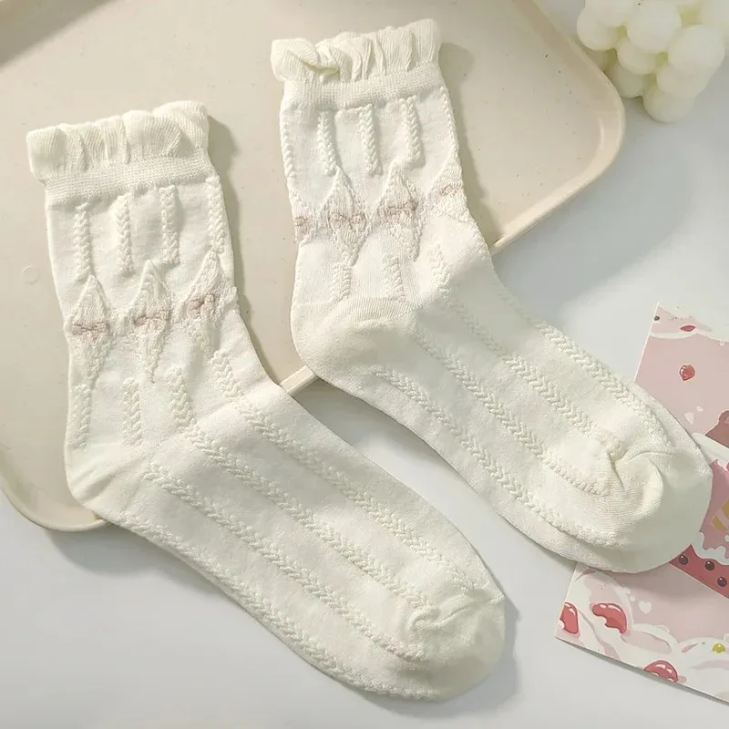 Simple White Socks Versatile Lovely Bowknot Small Flowers Women's Medium Tube Socks kawaii Harajuku jk Lolita Girls Cotton image 6