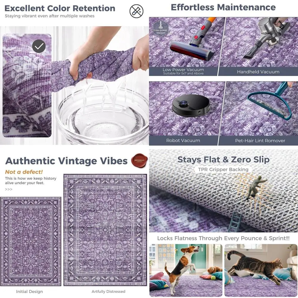 

Vintage-Style Purple 5x7 Rug, Retro Washable Non-Slip Low Pile Faux Wool Carpet for Home and Office
