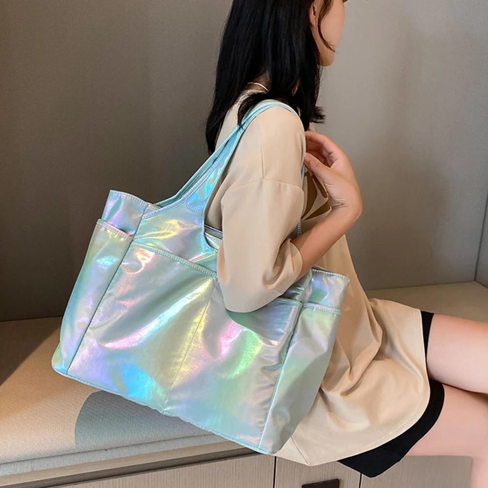 Large Laser Glitter Shoulder Bags Women Reusable Fashion Travel Storage Bags Shopping Bag Female Handbag Grocery Tote Bag