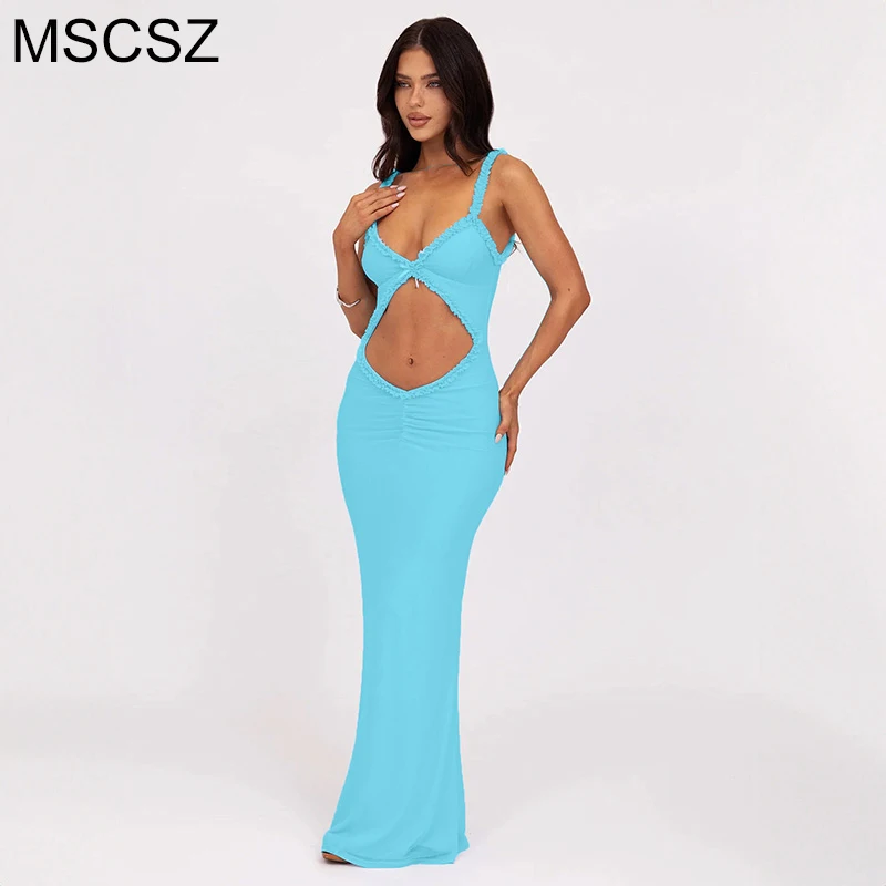 

MSCSZ Sexy Spaghetti Strap Maxi Dress Women Frilly Cut Out Bodycon Dress Summer Backless Party Long Dresses