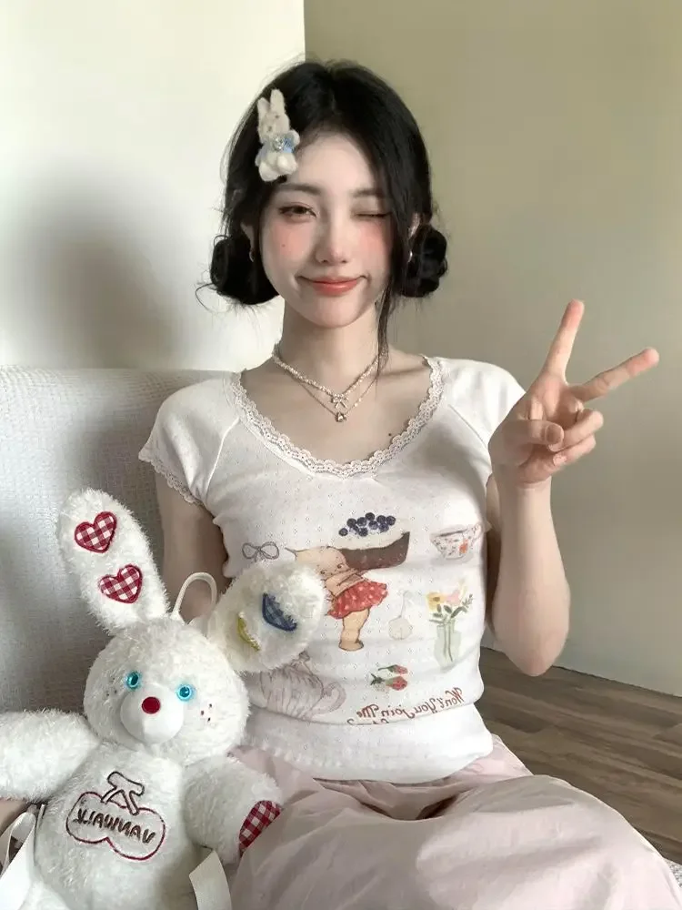 

Kawaii Cartoon T-shirts Women Sweet Coquette Lace Short Sleeve Tees Cutecore Summer Slim Up Graphic T-shirts Street