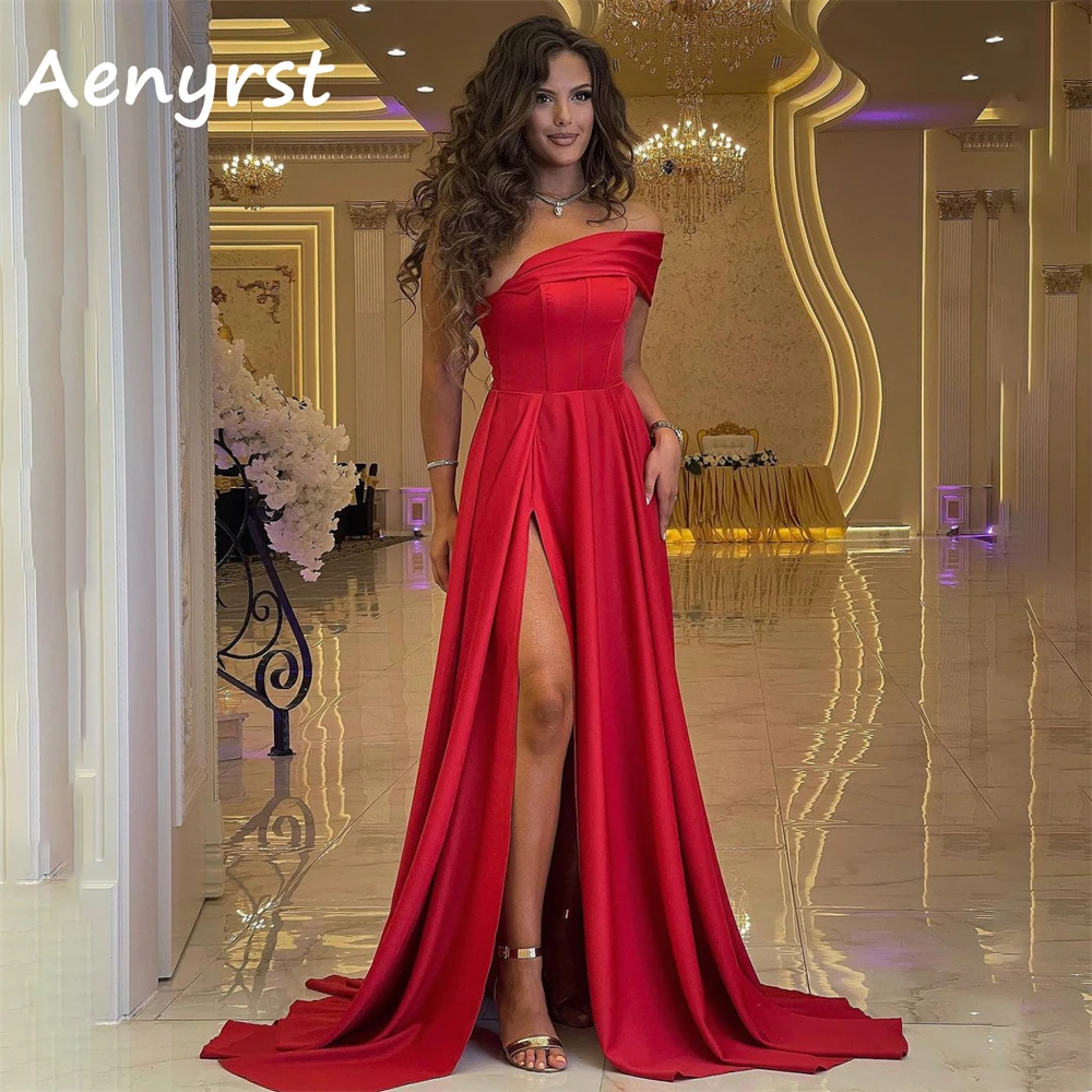 

Aenyrst Red A Line One Shoulder Evening Dresses Satin Side Slit Prom Gowns Floor Length Christmas Party Dress Long customized