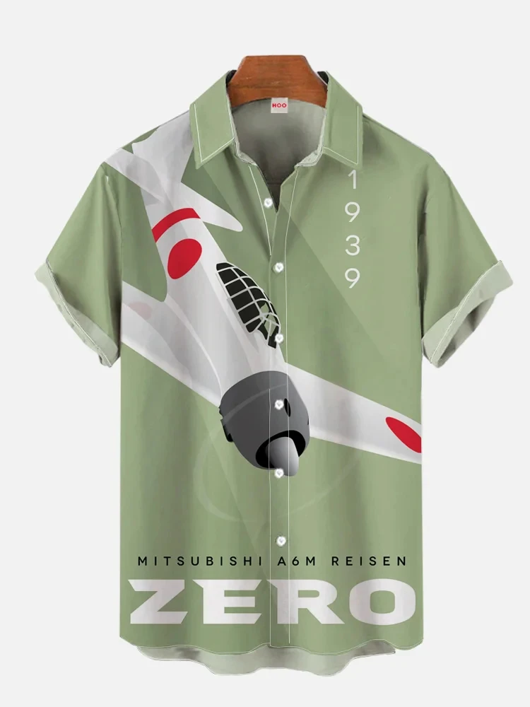 new men's 3D printed airplane model printed single-breasted shirt casual shirt lapel short-sleeved men's light and loose shirt