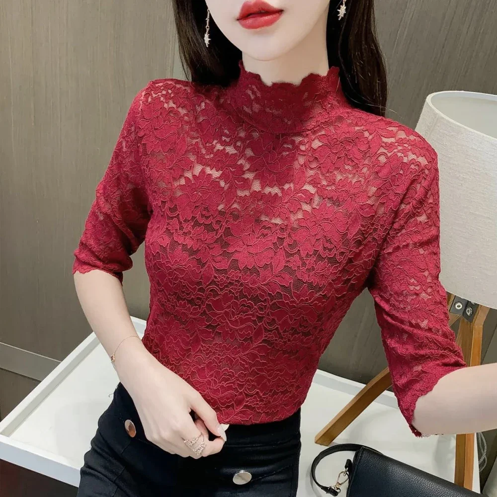 

Stretch Floral Lace Petal Sleeve Shirt Women's Short Sleeved S-3XL T Shirt Ladies Middle Sleeve Tops Half Sleeve Tees Clothing