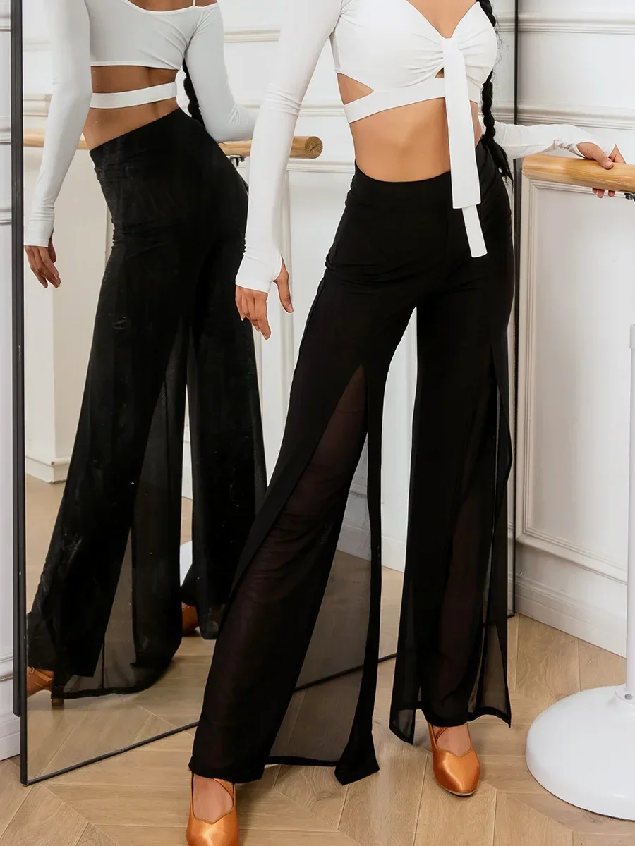 New Latin Dance Pants Women High Waist 2-layer Mesh Wide Leg Black/leopard Latin Practice Trousers Cha Cha Ballroom Dance Clothe