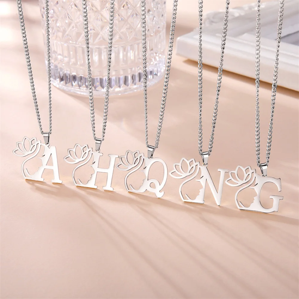 EUEAVAN Beauty Lotus Flower Letter Necklace for Women Stainless Steel Initial Pendant Necklace Alphabet Jewelry Christmas Gifts image 3