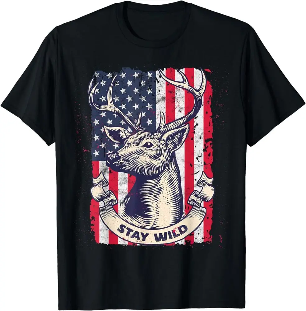 Deer Hunting Stay Wild Whitetail Buck Antlers American Flag T-Shirt Summer Tees Cotton Luxury brand vintage oversized