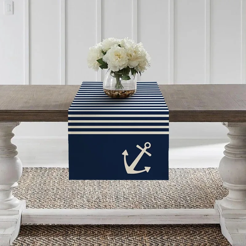 VIKAMA Nautischer Tischläufer für Esstisch, Schiffsanker-Kompass-Muster, Küchendekoration, Tischdecke mit Meeresmotiv, gestreift, Marineblau