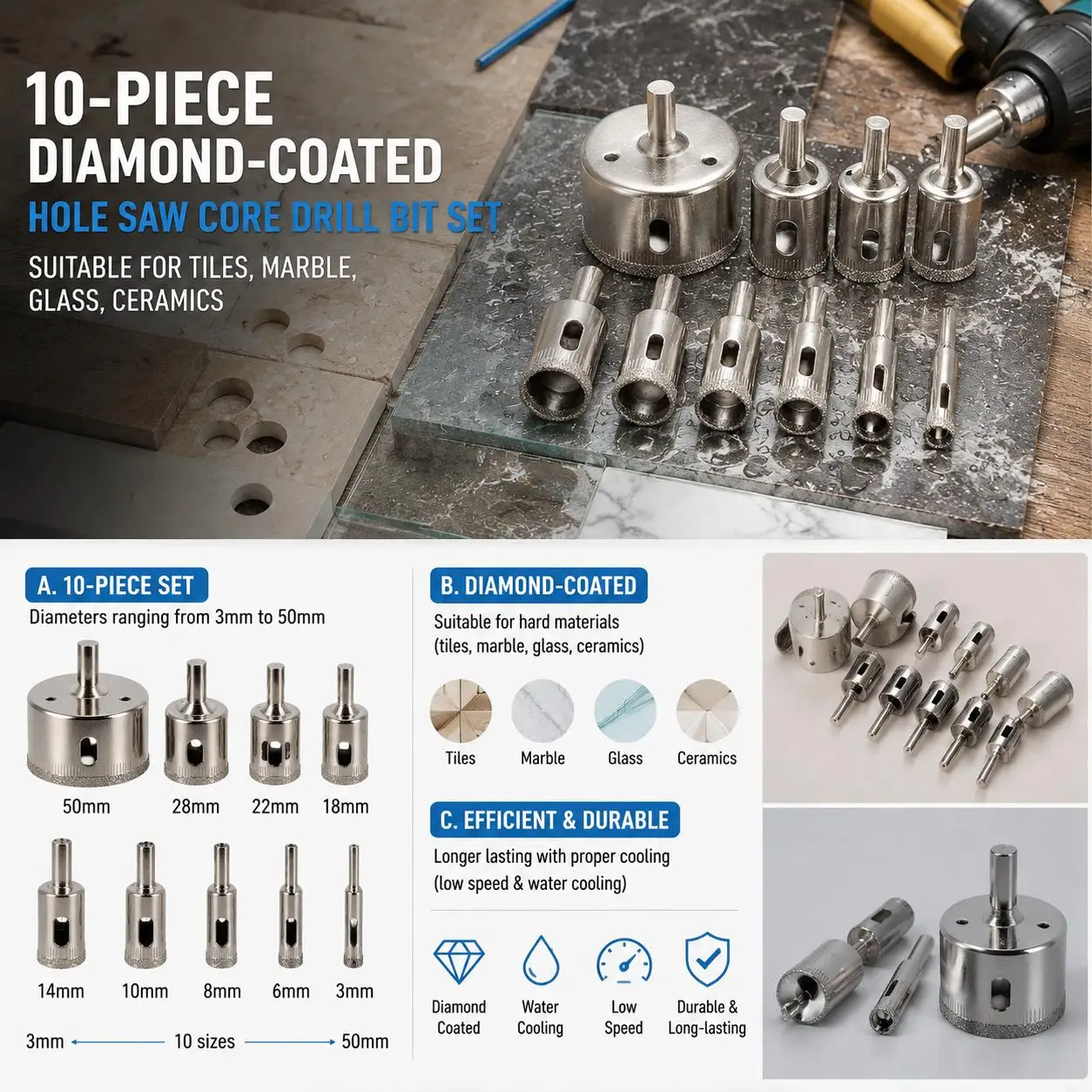 Diamond Coated Drill Bits Set for Ceramic Tile Glass Porcelain Marble Granite Quartz Smooth Cutting High Speed Hole Saw Core Drill Bit Extractor Remover Tool Power Tools Complete Drill Accessories Kit
