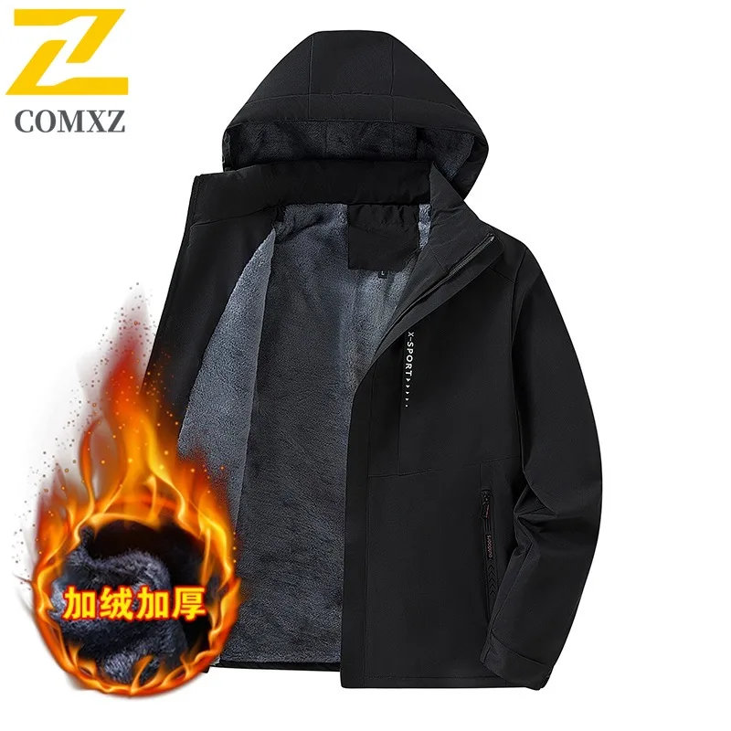 COMXZ 2025 Mens L8XL Plus Size Fleece Lined Waterproof Windproof Detachable Hood Jacket Outdoor Business lightweight windbreaker